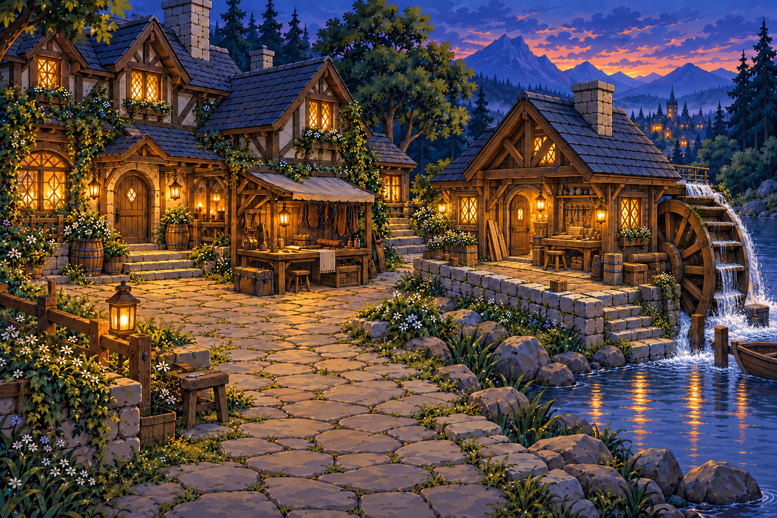 Warm windows, a riverside workshop and a waterwheel in a mountain village at dusk.
